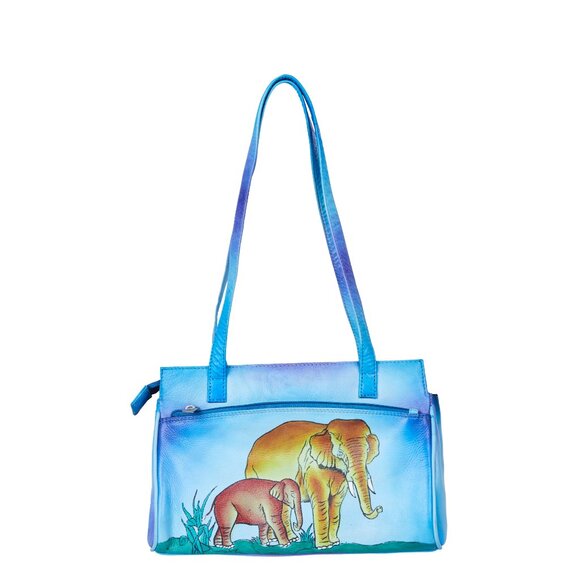 Women's Hand-Painted Leather Blue Shoulder Tote Bag with Animal Artwork - Picture 2 of 7